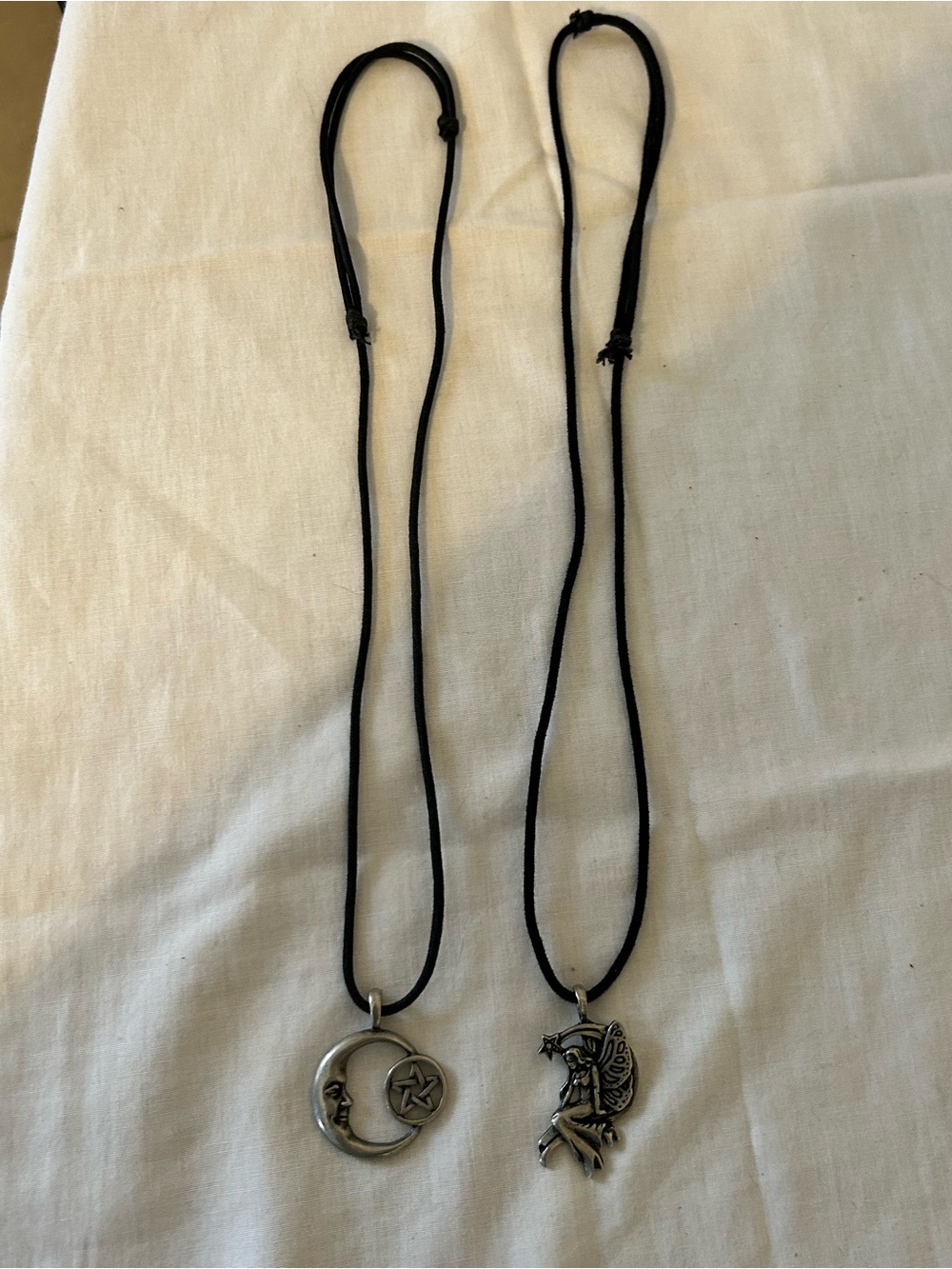 Two Stainless Steel Moon And Fairy Pendant Necklace On Black Cord